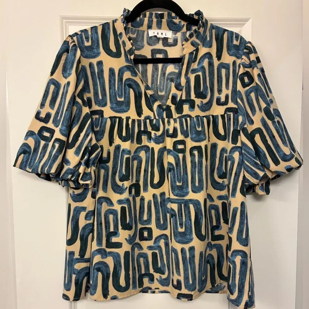 NWOT ANTHROPOLOGIE THML Short Sleeve Bohemian Aztec Blouse Blue Women’s Size XL